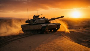 Char Leclerc traversant les dunes du désert au coucher du soleil.