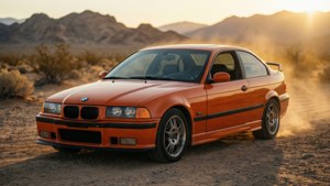 Orange BMW E36 i en öken vid solnedgång med varmt ljus.