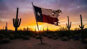 Bandiera del Texas nel deserto al tramonto, logora e sbiadita.