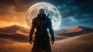 Silhouette di SCP Overlord in un deserto sotto una luna gigante