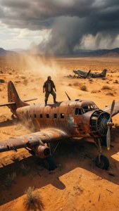 Rico explore une épave d'avion dans le désert.