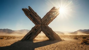 A massive wooden X in the desert, symbolizing error in isolation.