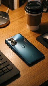Papel de parede de estilo de vida com smartphone OnePlus em uma mesa com café.