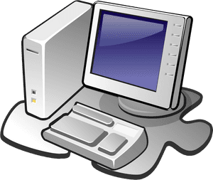 Retro-Desktop-Computer mit silbernem Gehäuse und blauem Bildschirm auf grauem Ständer. — Computer Wallpaper