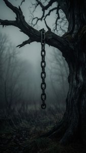 Onheilspellend landschap met een ketting aan een dode boom, geïnspireerd door Alice in Chains