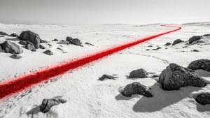 En minimalistisk bakgrunn med en tynn rød linje over et goldt monokromt landskap.