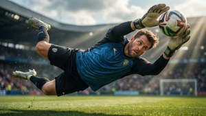 Defesa dramática em mergulho por um goleiro do EFootball no ar.