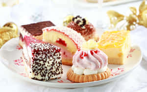Plated assortment of holiday desserts with chocolate and cream toppings. — Desserts Background