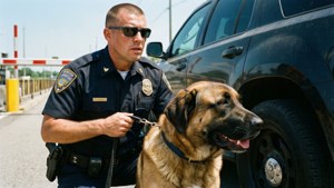 Agente da CBP com cão detector de drogas na passagem de fronteira