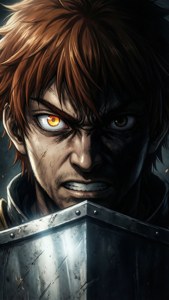 Naofumi close-up with glowing eye, intense expression, dramatic shadows.