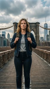 Kimmy stands on a bridge, ready for adventure against the NYC skyline.
