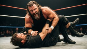 Two wrestlers locked in combat inside a wrestling ring with red ropes.