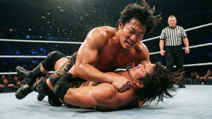 Eric Young delivers his signature piledriver move.