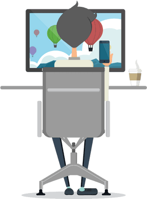 Person in office chair using phone while watching hot air balloons on monitor.