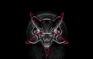 A demonic face with glowing red eyes and horns within a red inverted pentagram. — Sinister Wallpaper