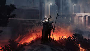 Ein Skelettkrieger mit Geweih steht vor einer Feuergrube in einer zerstörten Stadt in der Dämmerung. — Dark Souls Bilder