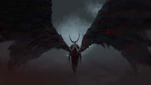 A demonic creature with large black wings and glowing red veins flying in a stormy sky. — Demon Fighting Picture