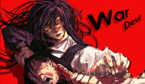 Anime devil with glowing eyes holding a screaming victim against red background. — Devil Background