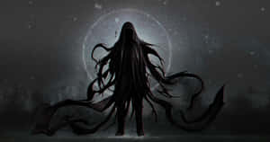 Silhouetted hooded figure with dark tendrils standing under a glowing crescent moon in snow. — Devilman Wallpaper