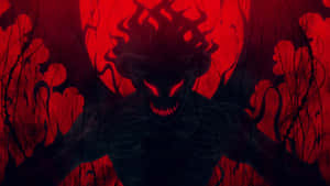 A demonic figure with glowing red eyes and horns against a red background. — Satan Background