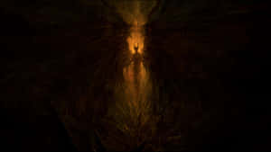 A dark-winged angelic figure with glowing horns emerges from shadowy feathers. — Devil Background