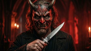 Tate Langdon pukeutuneena paholaisen naamioon, veitsi, goottilainen kauhu