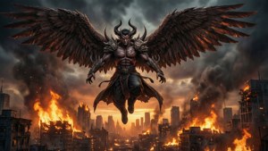 Iblis Jin melayang di atas kota yang terbakar, wallpaper epik dan destruktif.