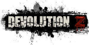 Fundo preto granuloso com texto branco desgastado DEVOLUTION e um Z vermelho gotejante. — Terror em 3D Papéis de Parede