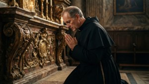 Claude Olivier Gallimard i høytidelig bønn foran et barokk alter