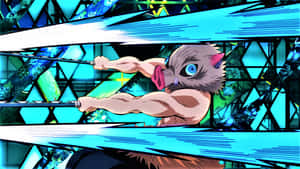 Anime demon warrior wielding sword in futuristic arena with blue energy effects. — Inosuke Pfp Picture