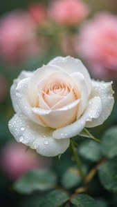 Wallpaper makro 6K dari mawar putih dengan tetesan embun dan bokeh