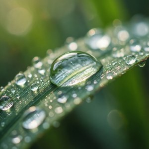 Macro shot of a dew drop on a leaf with blurred background.