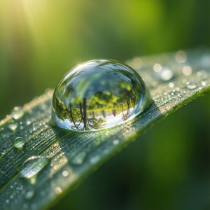 Close-up of a dewdrop on a leaf reflecting a miniature world.