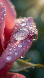 Macro Ultra HD di un petalo di rosa coperto di rugiada con dettagli mozzafiato e bokeh