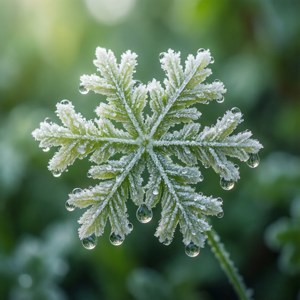 Primo piano di fiocco ghiacciato con gocce d'acqua, sfondo verde sfocato, fresco.