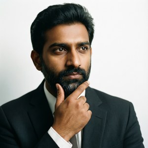 Dhar Mann in een denkende houding met vinger op kin, schone minimale achtergrond.