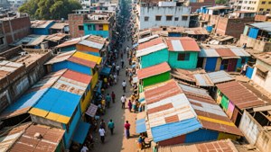 Aerial view of a vibrant urban alley with colorful rooftops and busy pedestrians. — Mumbai Wallpaper
