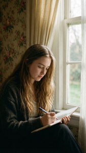 Un momento tranquillo di un adolescente che scrive in un diario vicino a una finestra, stile personale e introspettivo di John Hughes