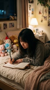 Sawako schrijft in haar dagboek in een gezellige kamer vol knuffels.