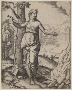 Dido by Marcantonio Raimondi, created c. 1510, in engraving on laid paper. Download this artwork as a high-resolution wallpaper for desktop, tablet, or mobile. — Marcantonio Raimondi Wallpaper