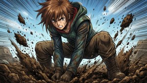 Anime boy digging in mud with dirt flying around him.