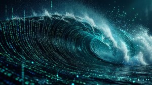 Une vague abstraite déferlante faite de code sombre et de particules de lumière