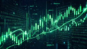 A cyberpunk-inspired digital art with glowing green candlesticks and binary code.