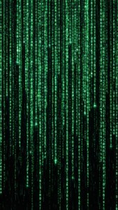 Data stream visualization with green characters and numbers cascading on a black background, matrix style.