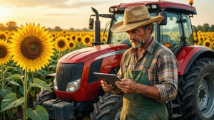 Um agricultor moderno usando um tablet ao lado de um trator em um campo de girassóis
