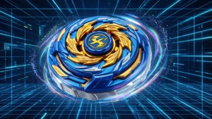 En Beyblade X-top i et cyberpunk digitalt gitter med neongule hologrammer.