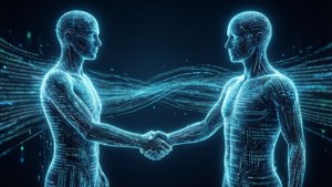 Glowing handshake figures with digital code.