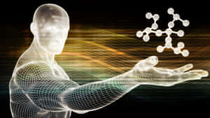 Humano wireframe apresentando um modelo molecular brilhante em uma cena digital abstrata. — Data Science Papéis de Parede