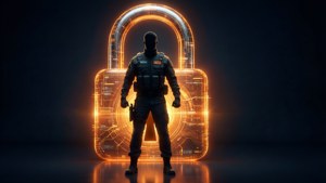 Silhuett av DevSeCops-agent mot et gigantisk digitalt låsikon.