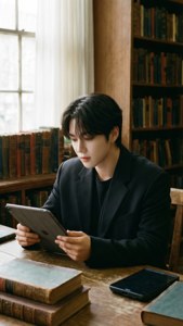 NCT Renjun blending classic and modern in a library with tablet — Nct Computer Wallpaper